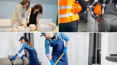 Collage de trabajadoras y trabajadores en formación sanitaria, obra y limpieza cumpliendo Ley de prevención de riesgos laborales